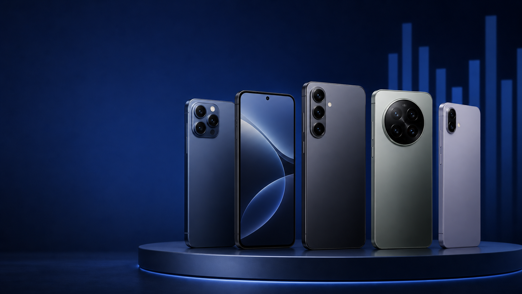 Modern smartphones displayed on a blue studio platform for B2B mobile trading and distribution